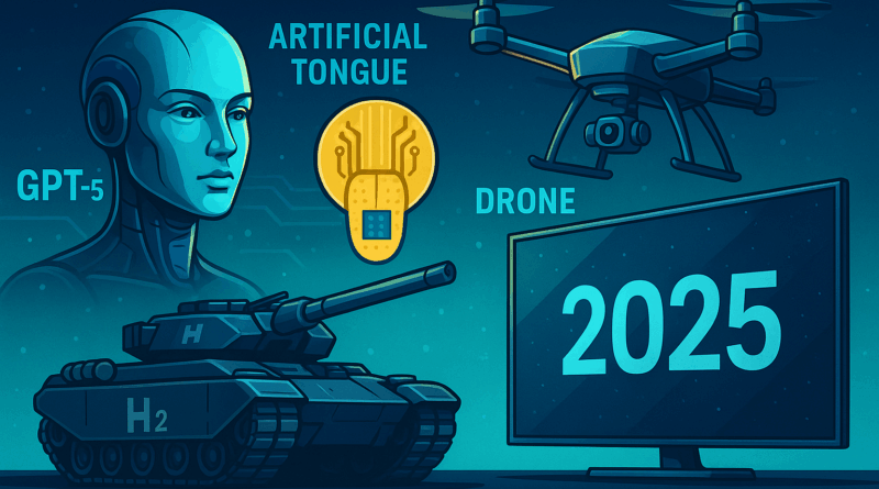 Futurisztikus illusztráció 2025 technológiai újdonságairól: mesterséges intelligencia, mesterséges nyelv, Samsung Galaxy S25, hidrogénhajtású tank, drón és óriás Samsung TV.”