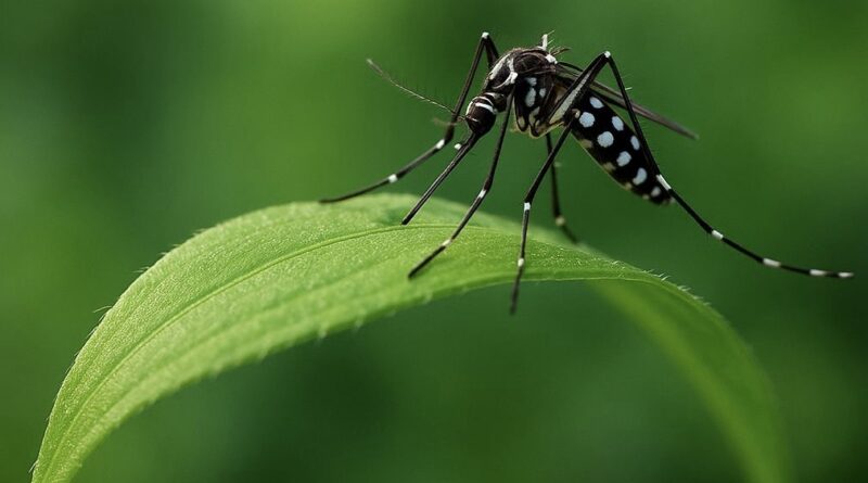 Ázsiai tigrisszúnyog (Aedes albopictus) zöld levélen, természetes környezetben – invazív szúnyog Magyarországon.
