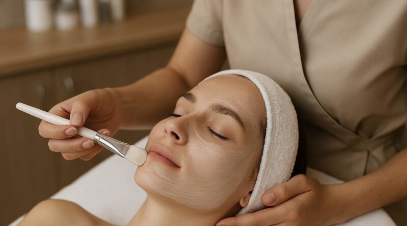 Vendég arckezelés közben, ahogy a terapeuta ecsettel krémet visz fel az arcra.