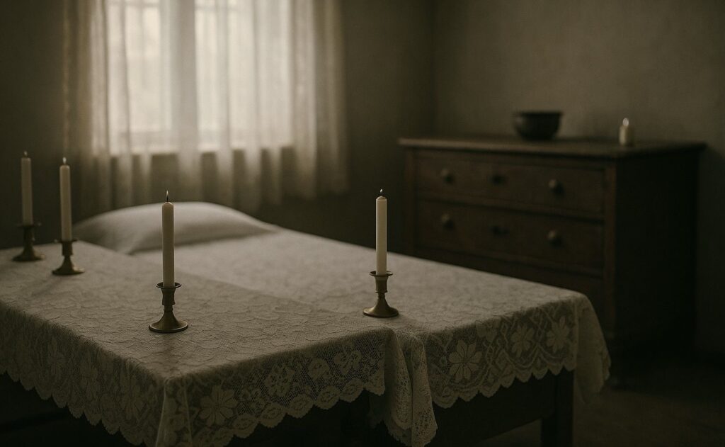 Ravatalra előkészített szoba csipketerítővel és gyertyákkal megterített asztallal.
