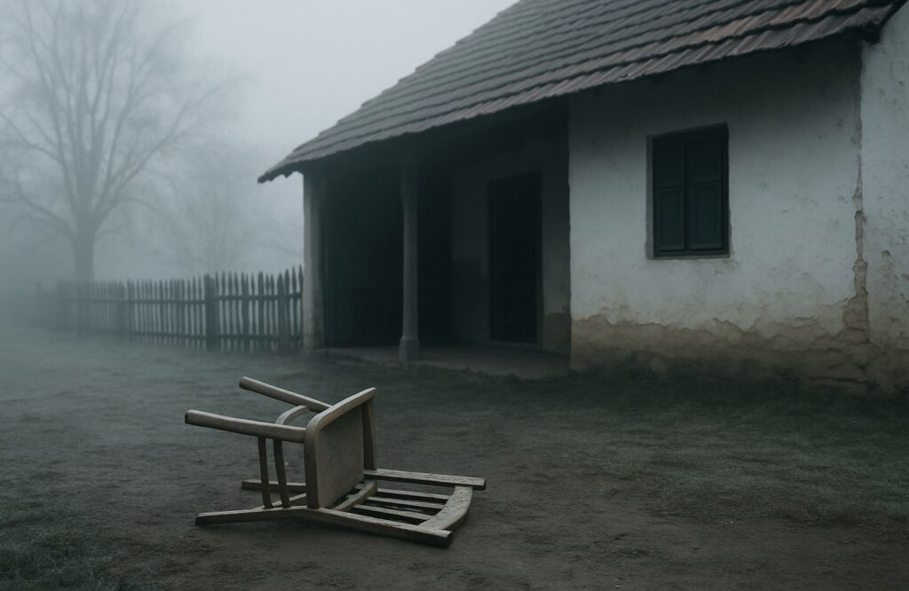 Ködös falusi udvar felborult székkel és vályogházzal.