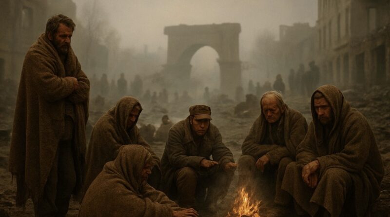 Több férfi rongyokba burkolózva ül egy lobogó tűz körül egy ködös folyóparton, mellette egy súlyosan megrongálódott híd csonkja látható.