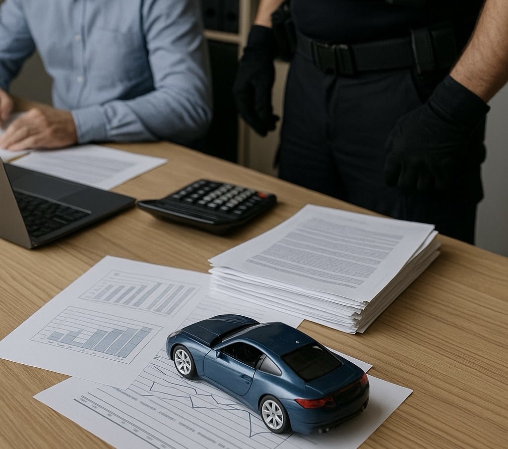 Irodai asztalon dokumentumok, laptop, számológép és egy kisautó makett, háttérben egy kesztyűs nyomozó és egy férfi a papírok fölött.