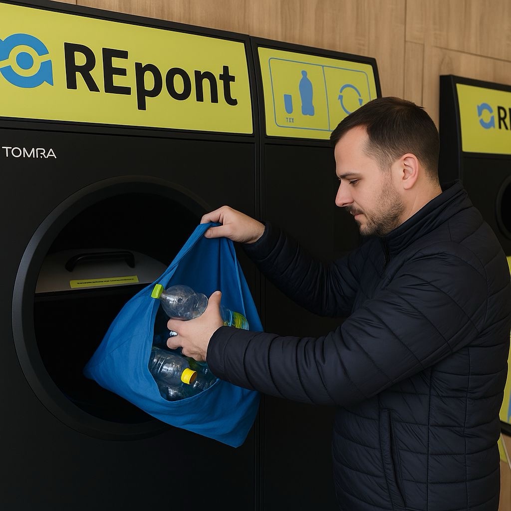 Férfi önti a palackokat egy kék szatyorból a MOHU REpont automatába