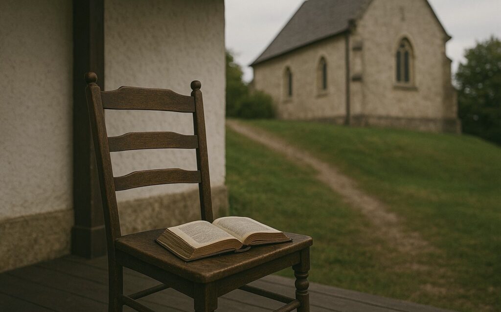 Régi templomdomb előtti verandán álló fa szék nyitott imakönyvvel.
