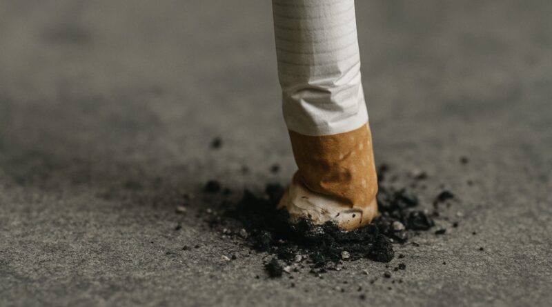 Elnyomott cigaretta csikk szétmorzsolt hamuval a betonon