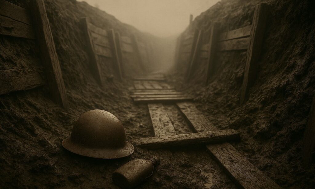 Sáros lövészárok, elhagyott sisakkal és kulaccsal, ködös háttérrel.