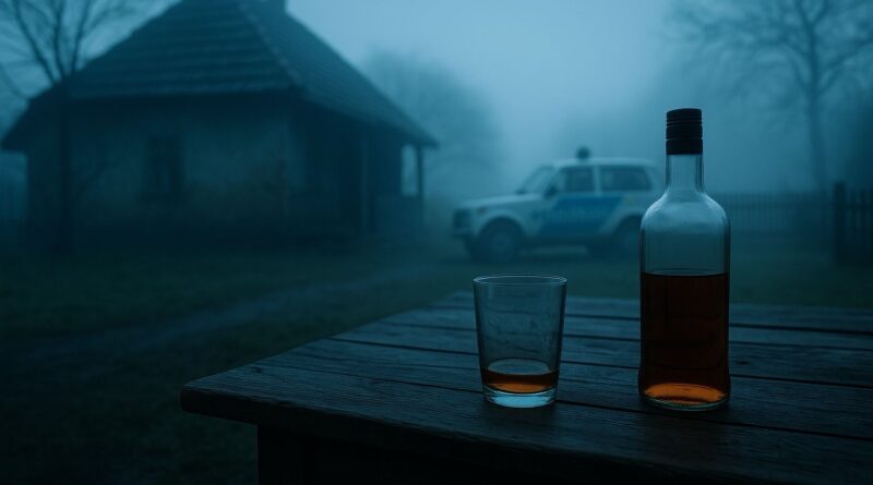 Ködös udvar faasztallal, félig üres üveggel és pohárral, háttérben rendőrautóval.