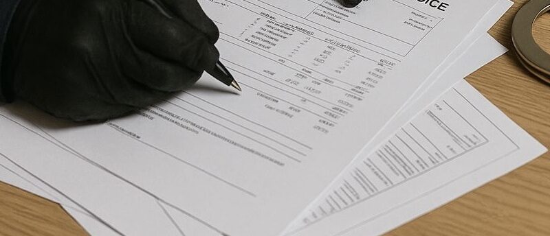 Fekete kesztyűs kéz ír egy számlára, mellette bilincs és további papírok fekszenek az asztalon.