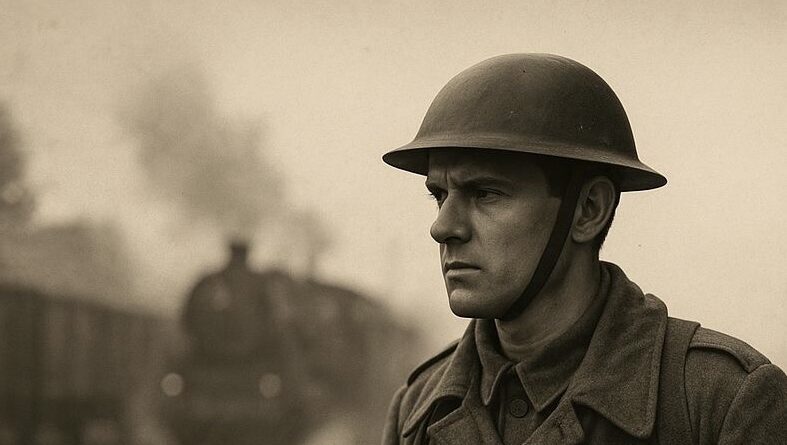 Fiatal katona sisakkal a fején áll egy ködös vasútállomáson, mögötte távolodó gőzmozdony.