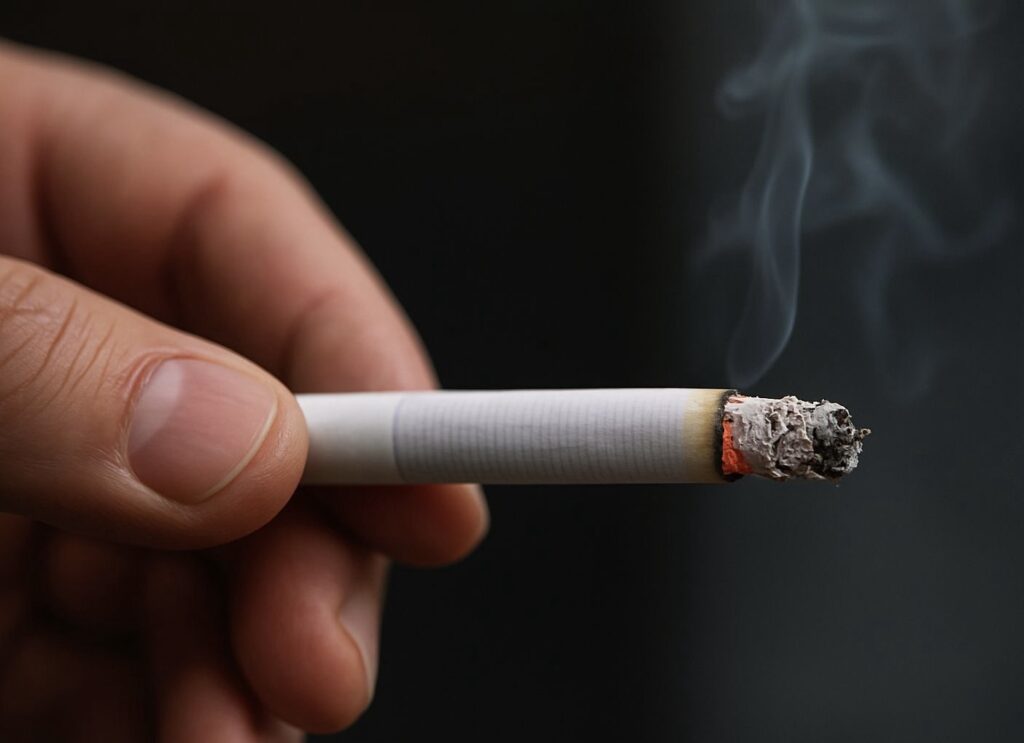 Kézben tartott égő cigaretta füstöl