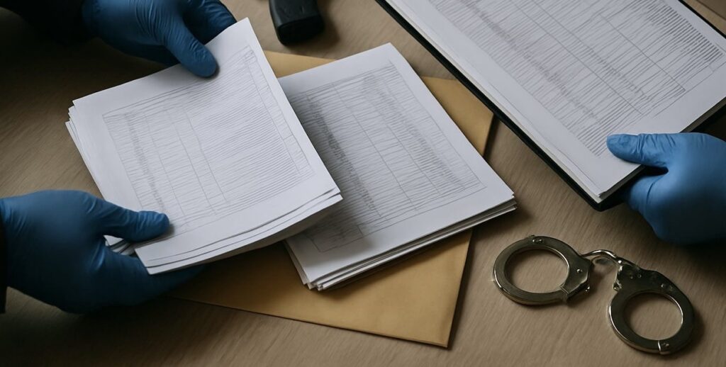 Kék gumikesztyűs kezek pénzügyi kimutatásokat és iratkötegeket tartanak, az asztalon bilincs és boríték is látható.