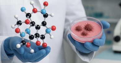 Kutató laboratóriumi környezetben petri-csészét és molekulamodellt tart a kezében.