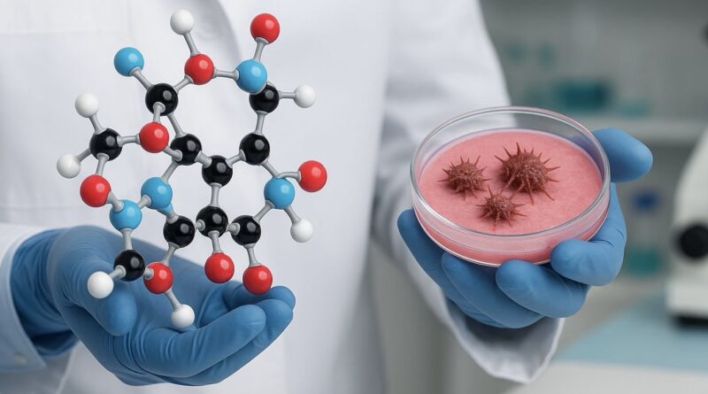 Kutató laboratóriumi környezetben petri-csészét és molekulamodellt tart a kezében.