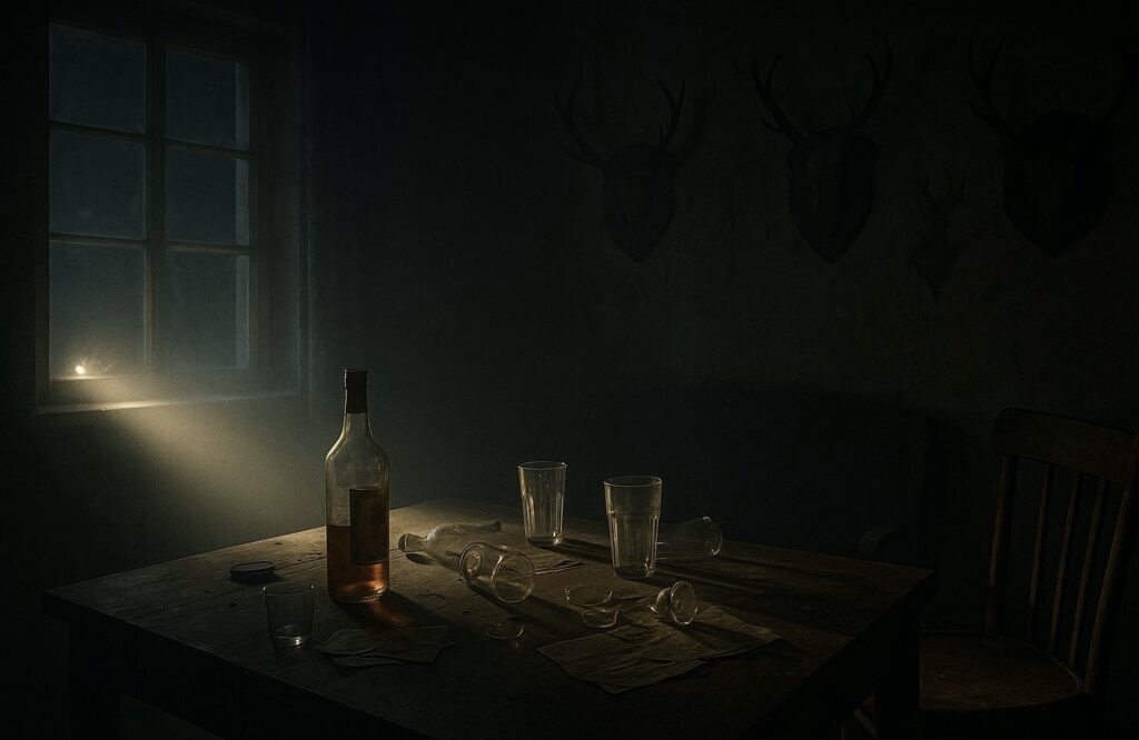 Elhagyatott, sötét szoba szétszórt poharakkal és félig üres üveggel az asztalon