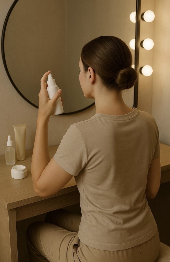 Nő háttal ül egy sminkasztalnál, miközben arcápoló permetet fúj az arcára, krémek és szérumok vannak előtte.