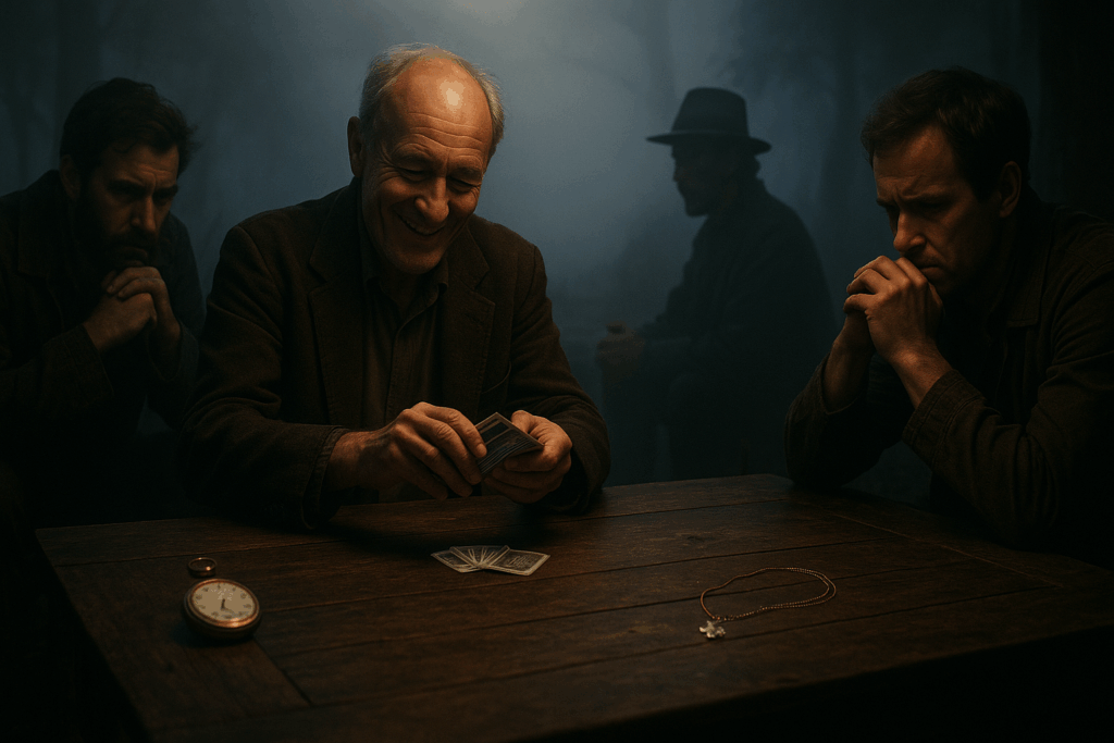 Négy férfi ül egy régi faasztalnál, kártyáznak a félhomályban, a levegőben titokzatosság érződik.