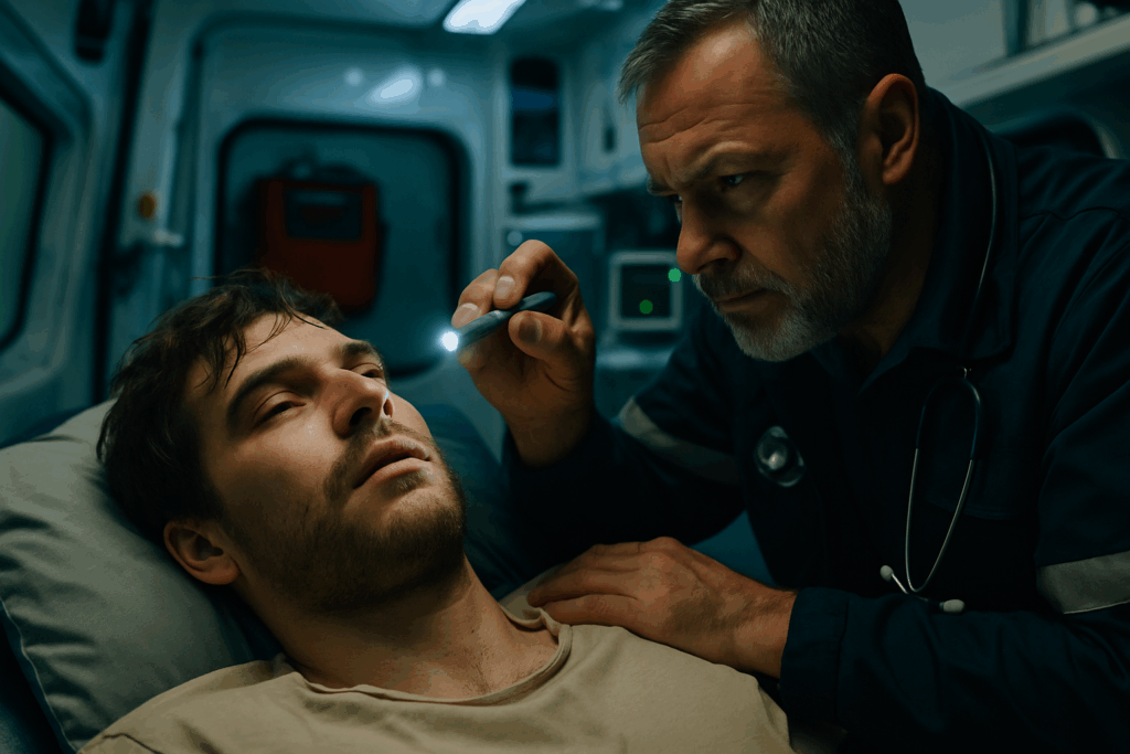 Egy fiatal férfit vizsgál egy borostás mentős a mentőautóban, a fény hideg és éles.