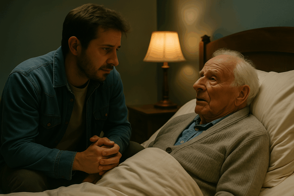 Fiatal férfi ül idős, beteg nagyapja ágya mellett, meleg fényben, bensőséges hangulatban.