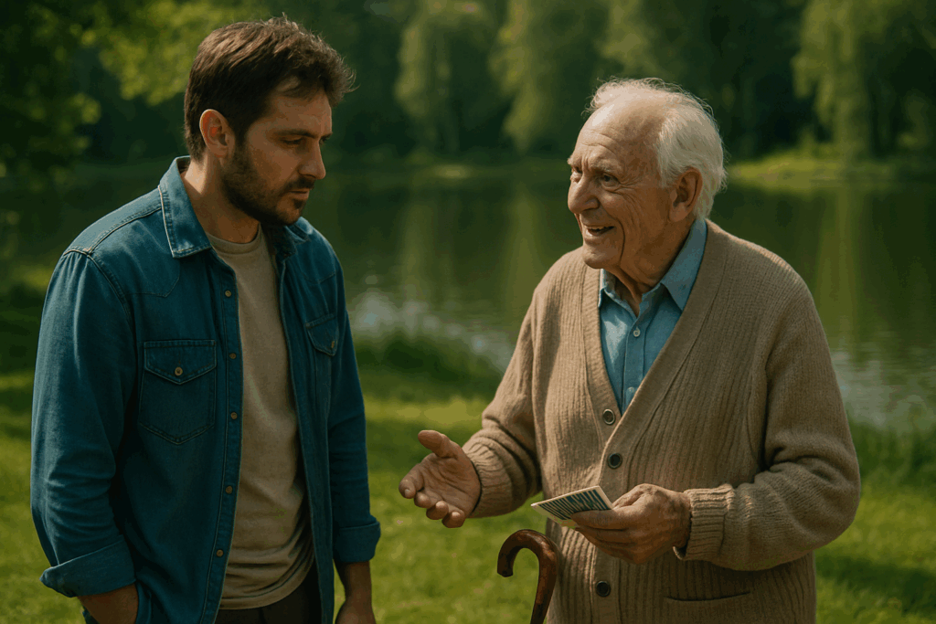 Egy idős férfi mosolyogva beszélget unokájával a tóparton, zöld parkos háttér előtt