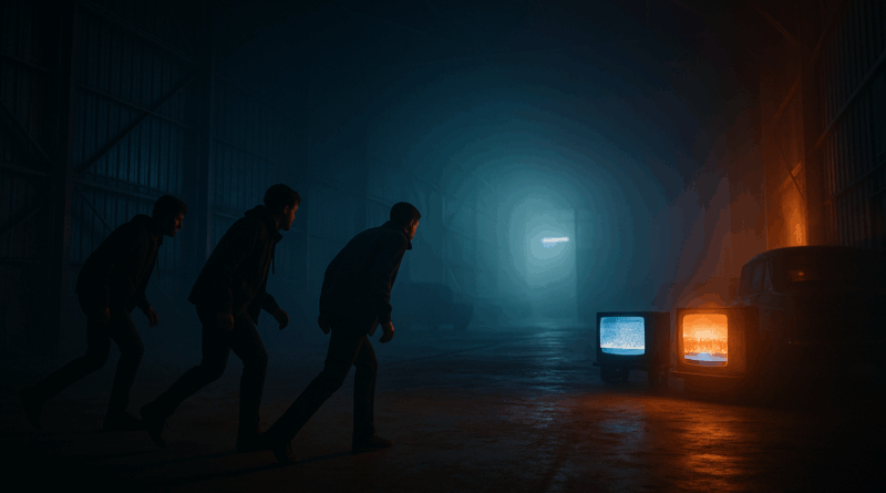 Három fiatal férfi lopakodik egy sötét hangárban, ahol két régi tévékészülék világít a sötétben