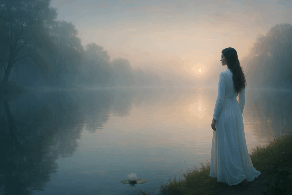 Fiatal nő fehér ruhában áll egy ködös tóparton, a felkelő nap fényében, békés hangulatban.