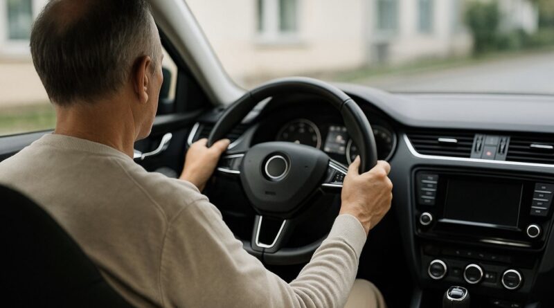 Középkorú férfi sofőr hátulról nézve, ahogy mindkét kezével a kormányt fogja egy autó vezetése közben.