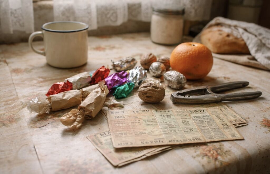 Jegyrendszeres szelvények, szaloncukor-papírok és diók egy konyhaasztalon