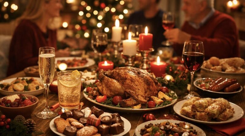 Ünnepi vacsora gyertyafényben, bőséges karácsonyi asztal zsíros ételekkel és alkohollal