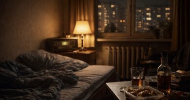 Szenteste éjszaka egy kis panel félszobában, rendezetlen ágy, asztalon ital és maradék étel