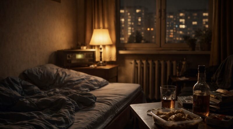 Szenteste éjszaka egy kis panel félszobában, rendezetlen ágy, asztalon ital és maradék étel