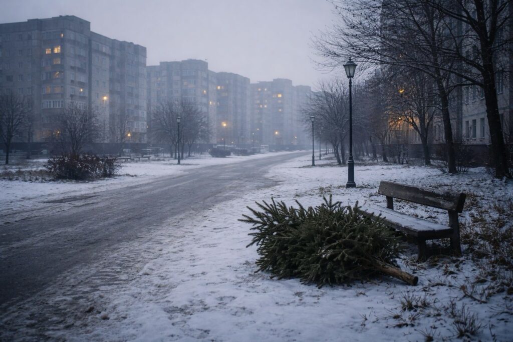 Kidobott karácsonyfa egy havas lakótelepi sétány mellett, panelházakkal a háttérben