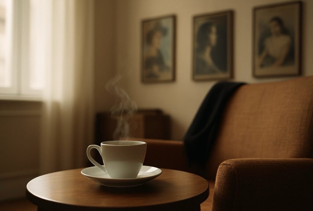 Gőzölgő kávéscsésze egy dohányzóasztalon, mögötte régi portréfotók és egy barna fotel