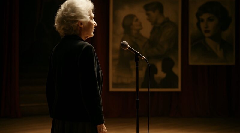 Idős művésznő oldalról, a mikrofon előtt áll a színpadon, háttérben régi plakátokkal.