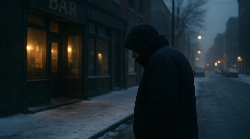 Kabátos férfi áll egy kocsma előtt havas, éjszakai utcán