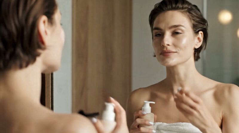 Nő tükör előtt, természetes fényben arcápolási terméket ken fel.
