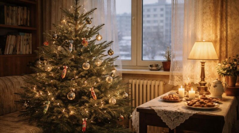Feldíszített karácsonyfa egy panellakás nappalijában, esti fényekkel