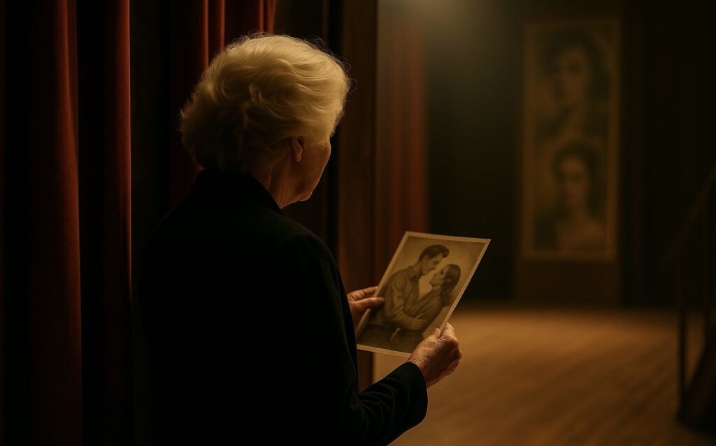 Idős nő hátulról, a színház kulisszái között, kezében régi fényképpel.