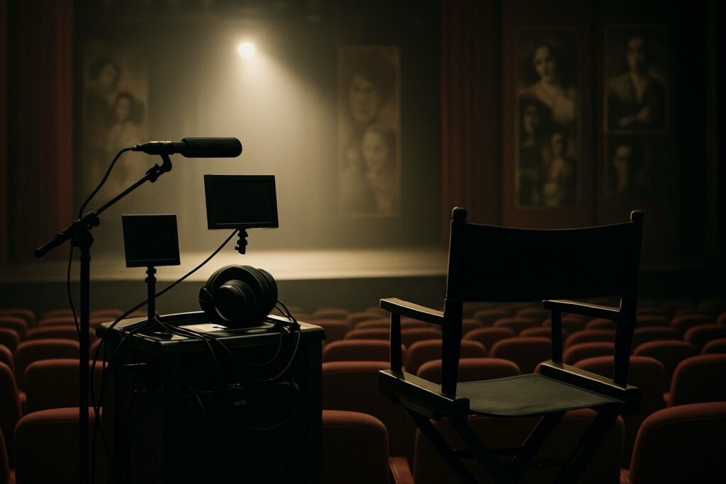 Üres rendezői szék és technikai eszközök a nézőtérről fotózva, háttérben megvilágított színpaddal.