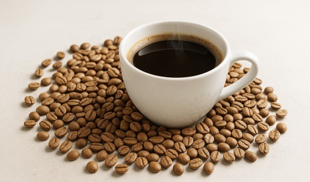 Feketekávé fehér csészében világos pörkölésű kávébabokkal körülvéve