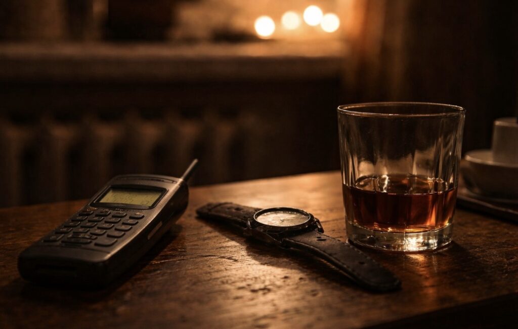 Félig teli pohár, mobiltelefon és karóra