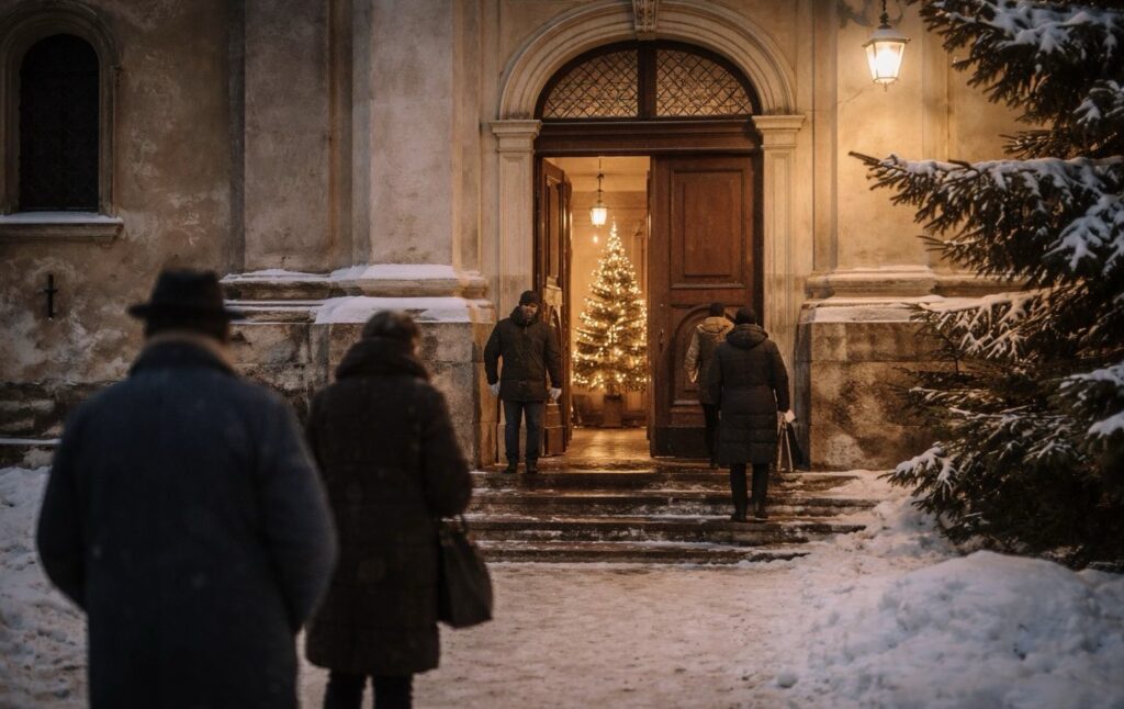 Téli este egy templom bejáratánál, emberek érkeznek az éjféli misére