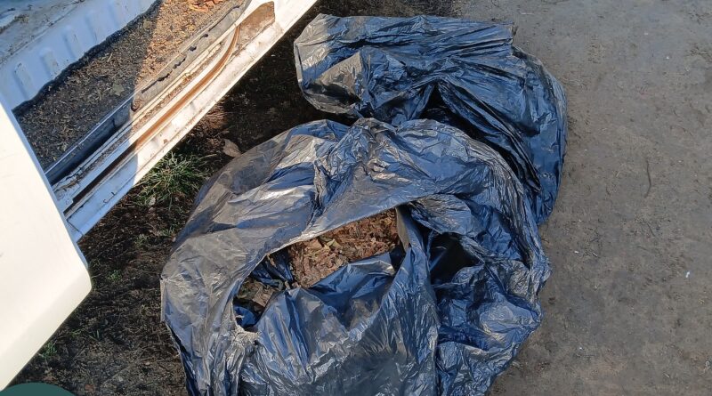 Dohánylevéllel teli zsákok a földön egy jármű mellett