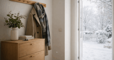 Világos előszoba télen, kabáttal az akasztón és nyitott ajtóval a havas udvar felé