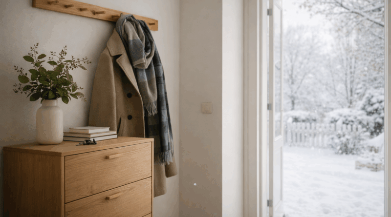 Világos előszoba télen, kabáttal az akasztón és nyitott ajtóval a havas udvar felé