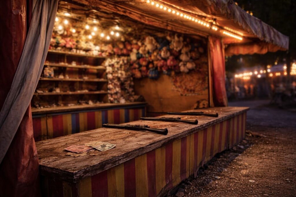 Elhagyott vásári céllövölde este, pénzzel az asztalon