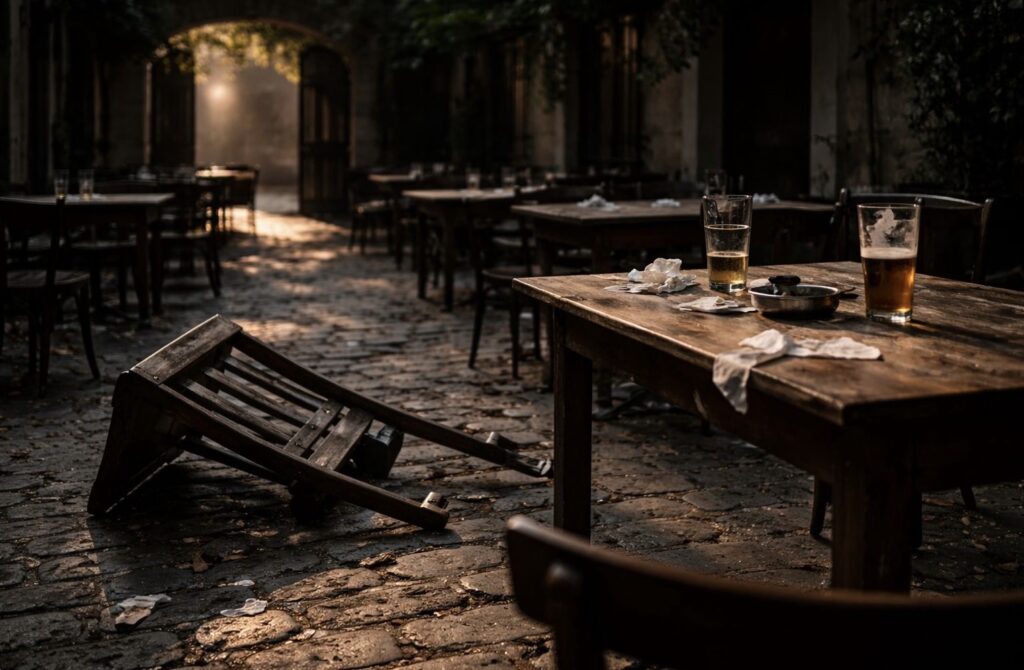 Felborult szék és félbehagyott ital egy üres udvari sörkertben