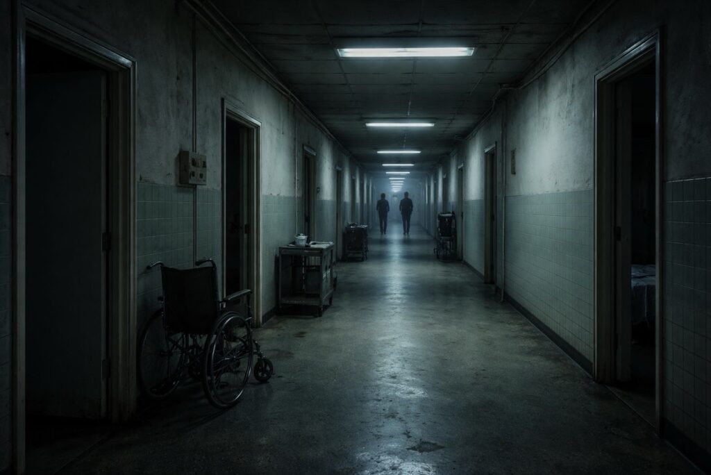 Pszichiátria folyosó, félhomályban 