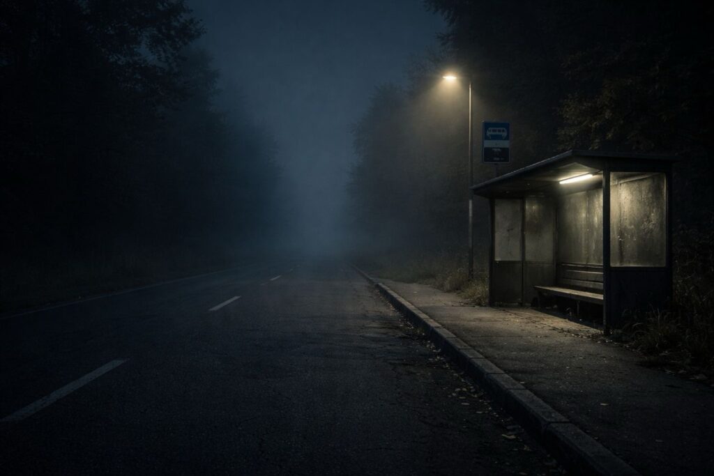 Ködös, elhagyott út éjszaka
