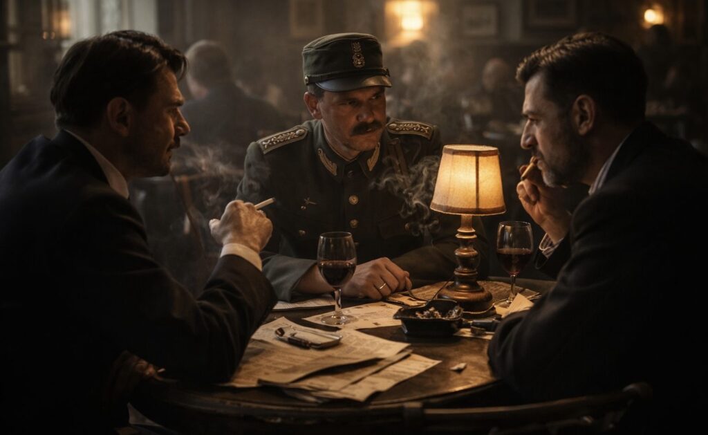 Három férfi füstös kávéházban vörösbor mellett beszélget az 1940-es évek hangulatában